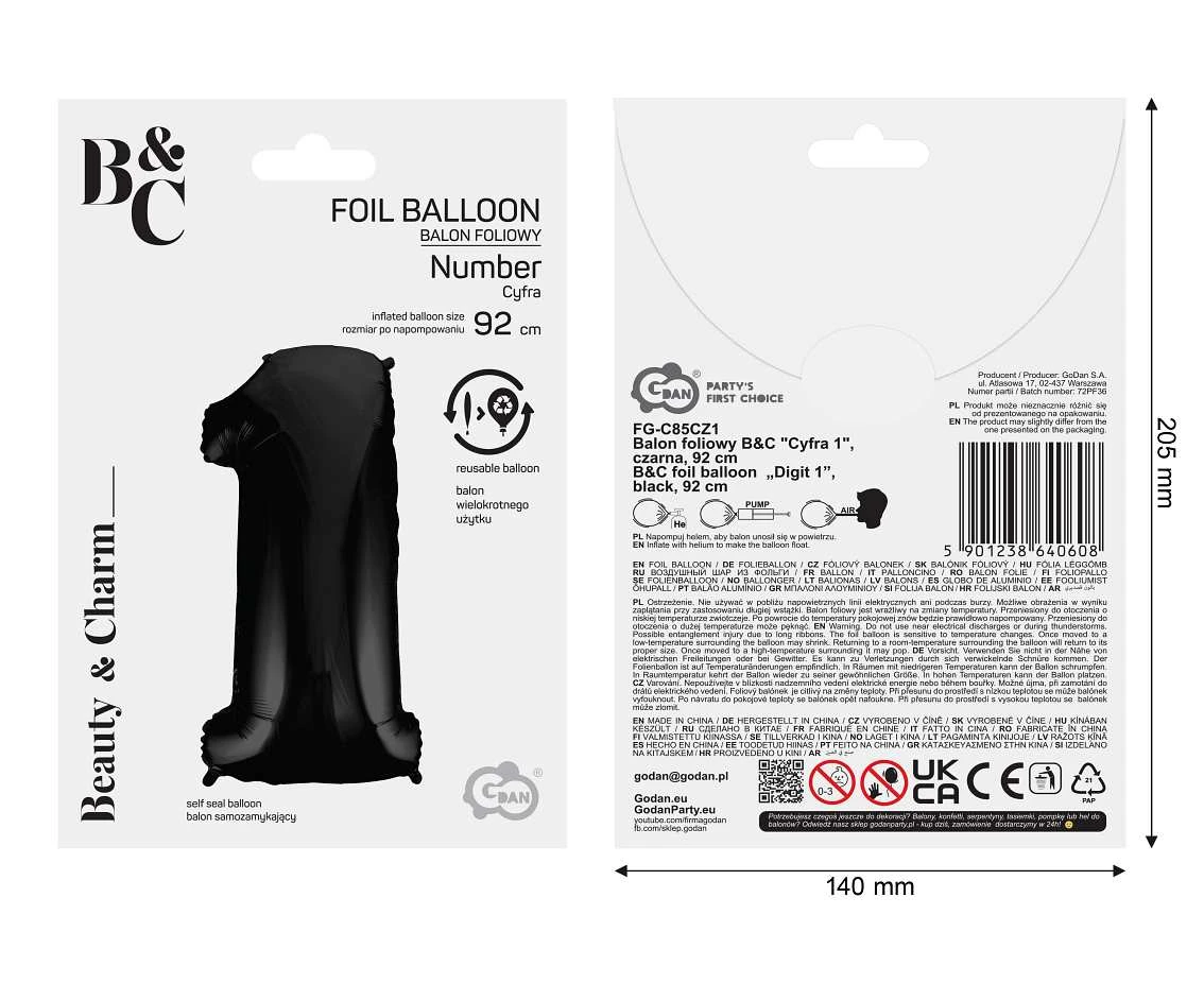 Balon foliowy B&C Cyfra 1 czarna, 92 cm AA